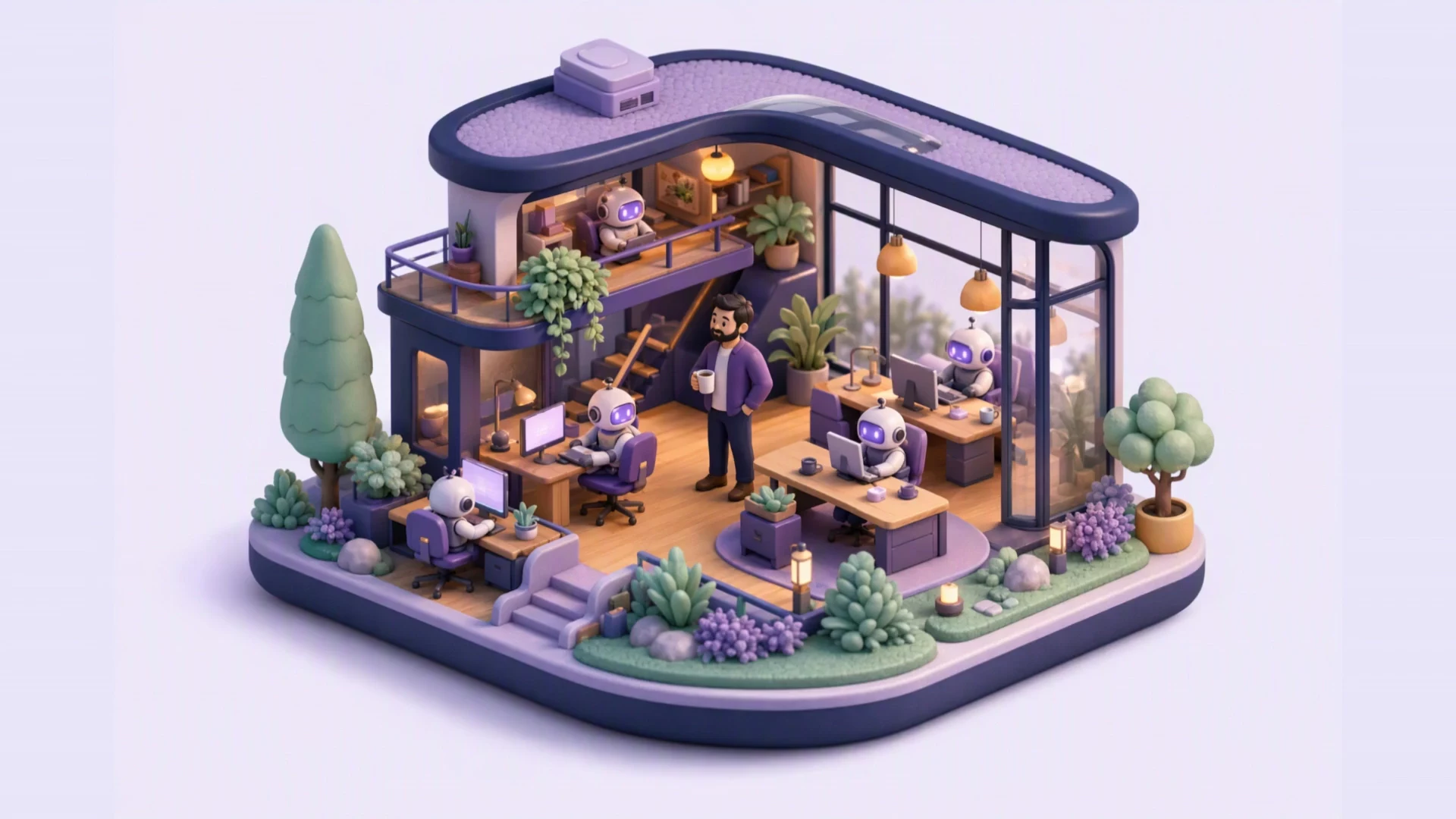 Una oficina en miniatura donde una persona dirige a un equipo de robots que trabajan en sus escritorios.